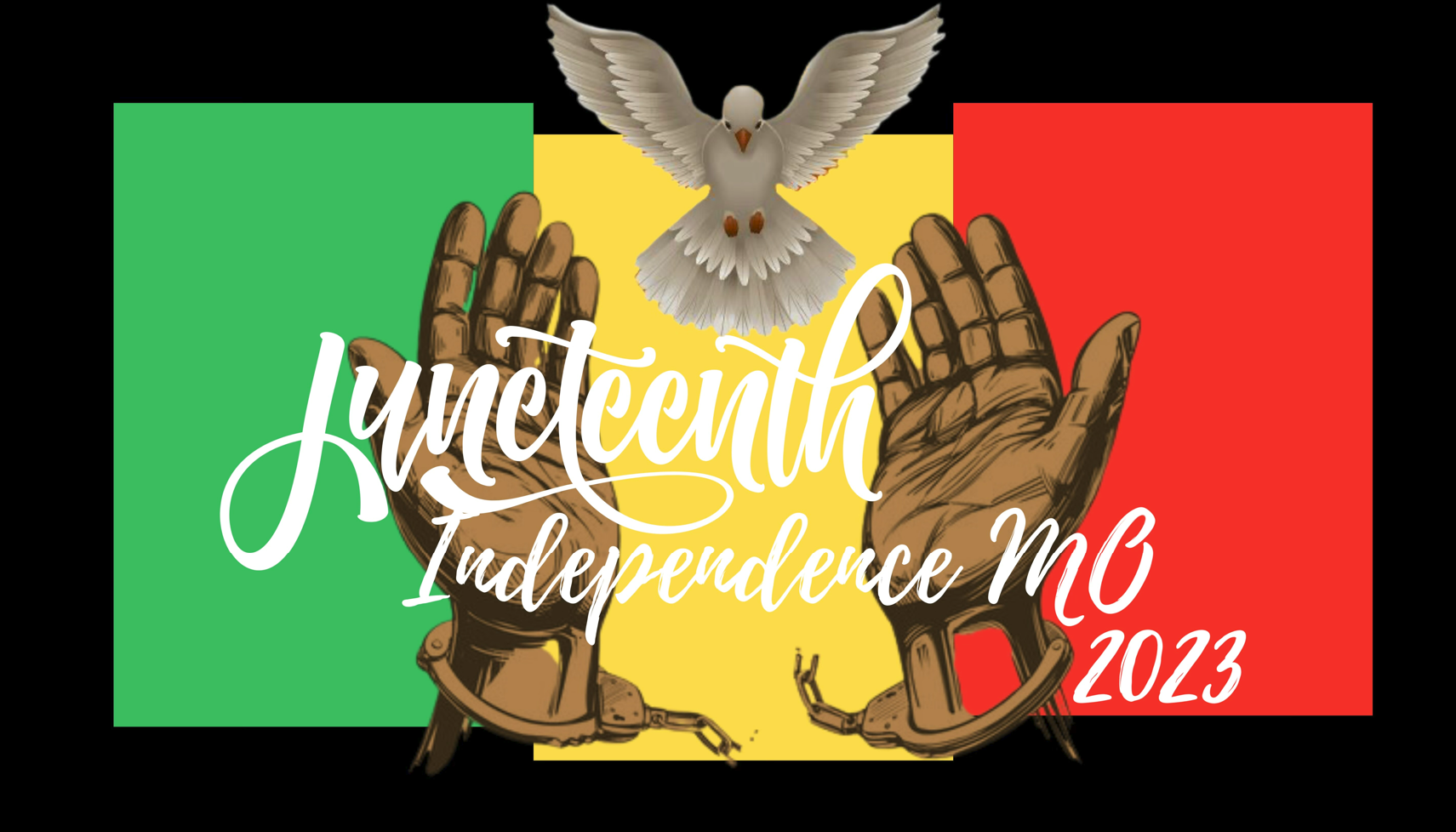 Juneteenth Independence Mo 2023. Image of African American Hands breaking from chains and releasing a dove with blocks of green, yellow, and red behind them. 
