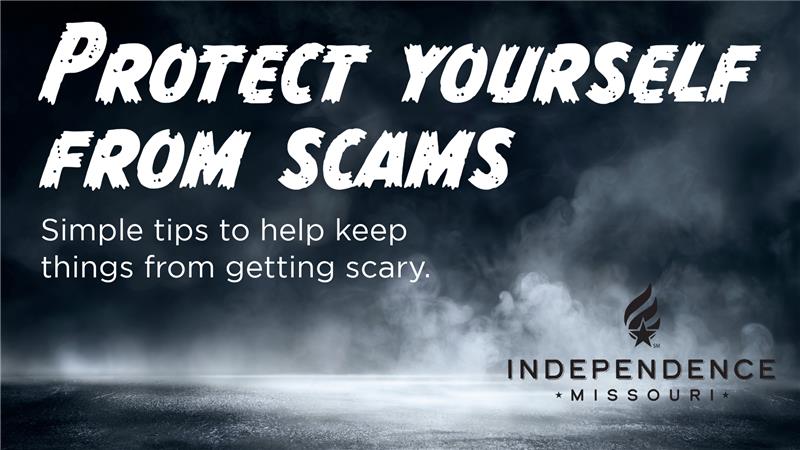 Protect yourself from scam in white letters with fog in a dark sky
