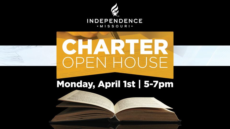 A book on a black screen with the words "Charter Open House" over it