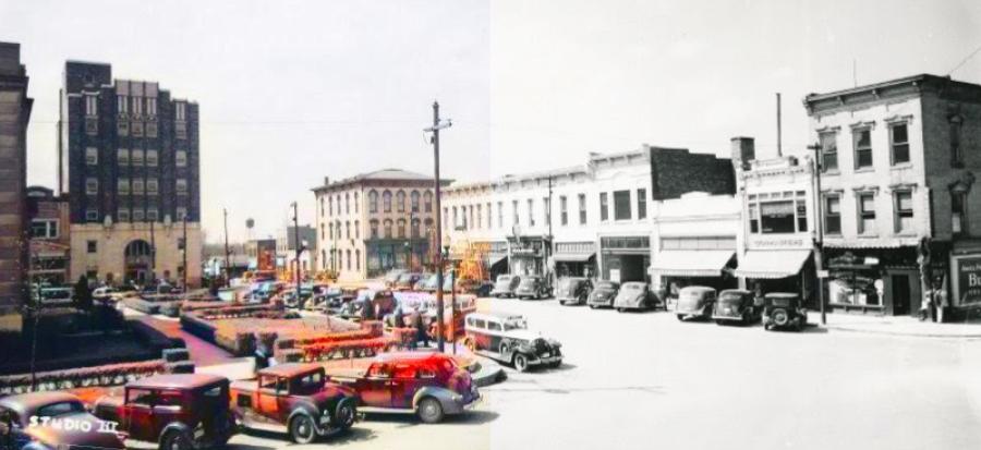 A side by side comparison photo of two, historic downtown Independence pictures, one is colorized.