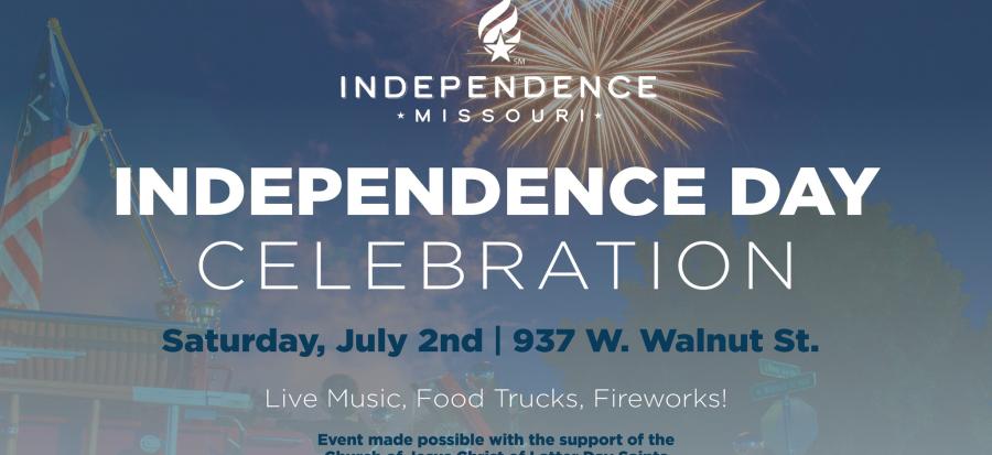 Independence Day Celebration, Saturday, July 2nd, 937 W. Walnut St. Live Music, Food Trucks, Fireworks. Image of fireworks in the sky with a historic firetruck and American Flag below them.
