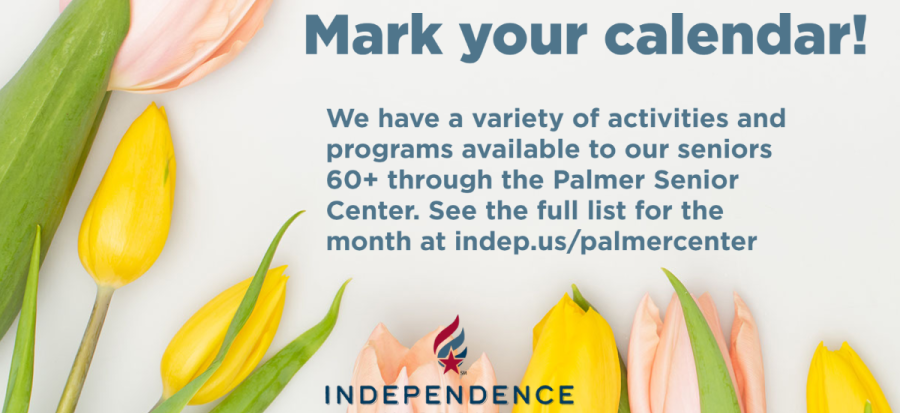 Tulips along the left and bottom of the image with the color Independence logo centered on the bottom. Mark you calendar typed across the right upper side. 