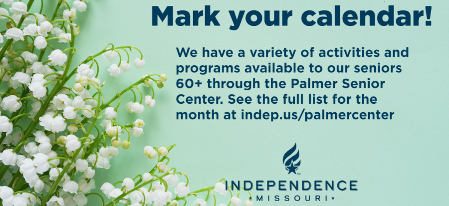 Flowers along the left side. Teal background with Mark your calendar across the top and the blue Independence logo on the bottom right side.