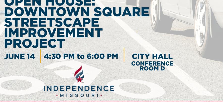 Open House: Downtown Square Streetscape Improvement Project, June 14, 4:30-6 PM, City Hall Conference Room D. Image of car driving on road with bicyclist graphic painted on the street.