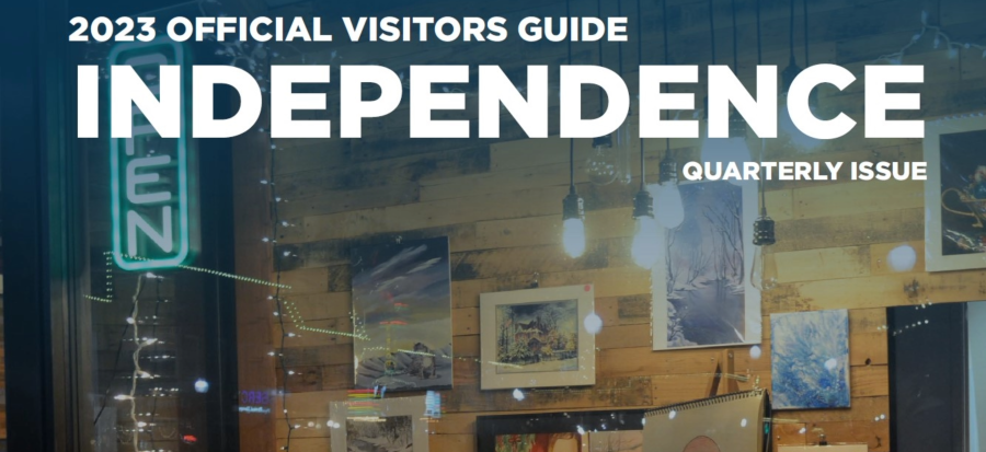 Image of the Quarterly Visitor Guide Cover with the type 2023 Official Visitors Guide Independence Quarterly Issue across the top. Images of painting and photos in the background with lights hanging down. 