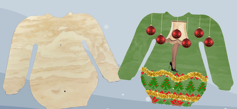 Image of wooden sweater cutouts. Left is just wood, and the right is decorated in green color, red ornaments, gold tinsel, and a leg lamp. 