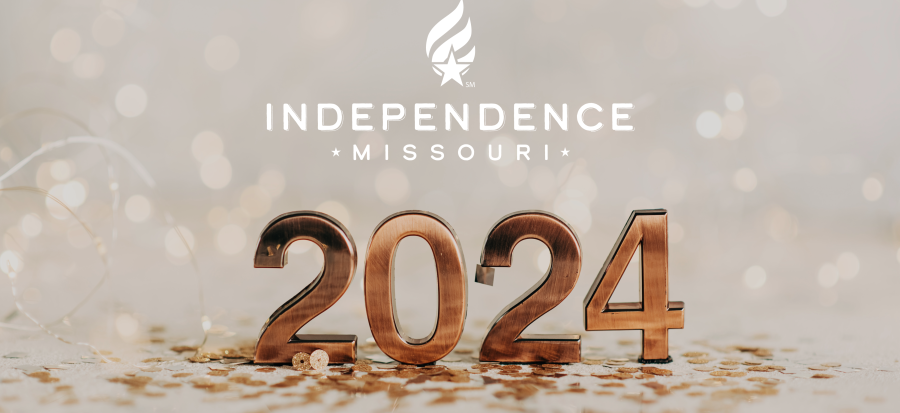 Image of 2024 in gold with confetti and lights in the background. The Independence logo is white above 2024.