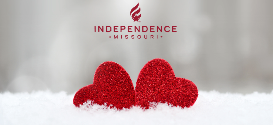 image of two red hearts in the snow with the City of Independence red logo.