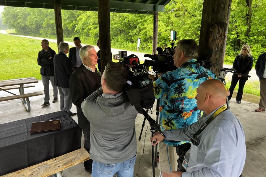 Mayor Rory Rowland speaks to members of the media at an event marking the approval of the NorthPoint EastGate Commerce Center in May 2022. 