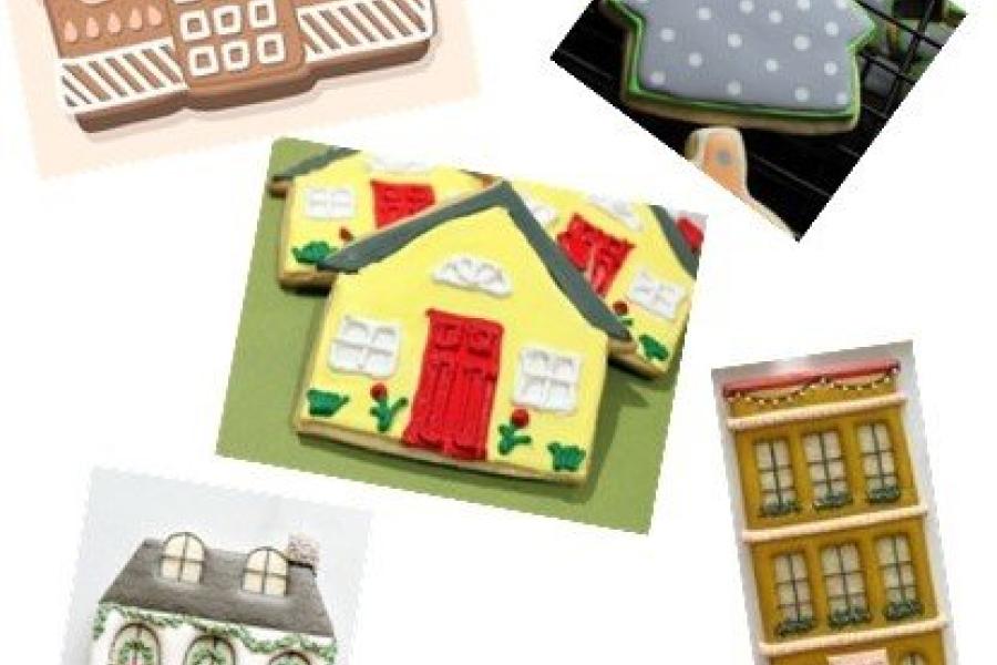 Images of decorated house-shaped sugar cookies