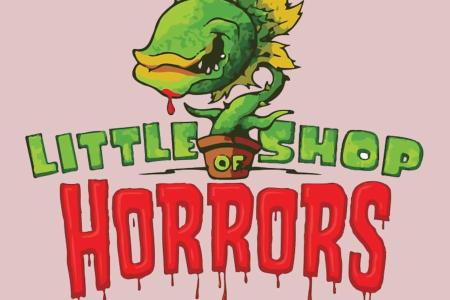 An image of the title of City Theatre of Independence play "Little Shop of Horrors" with a pink background and an image of the plant Audrey II.