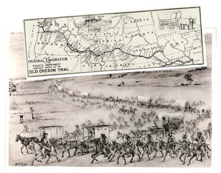 Image of the map with the trails west and a drawing of the wagon train moving west.