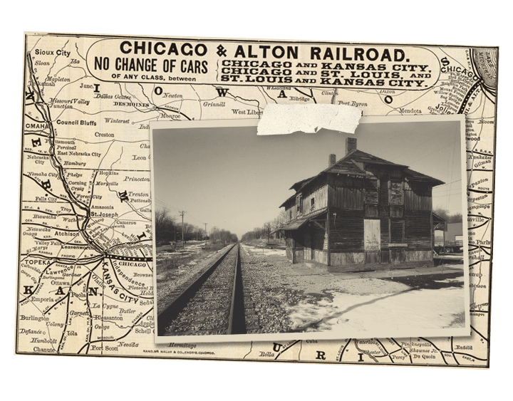 Image of the Chicago and Alton Railroad Depot in the original location with railroad map in the background