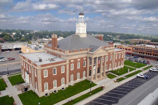 Aerial view of the Truman Courthouse in downtown Independence