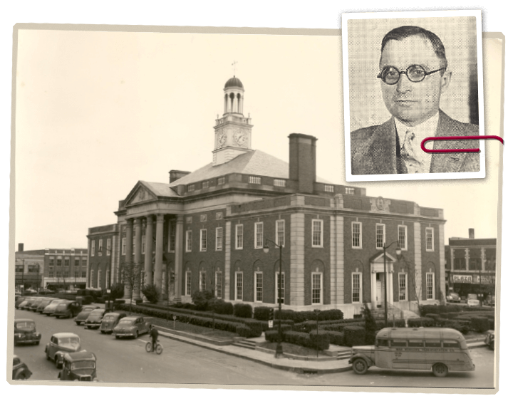 Image of the Courthouse with a portrait of Truman attached with a red paperclip. 
