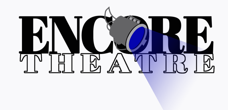 An image of Encore Theatre's name with a blue theatre light shining out to the right side of the logo.