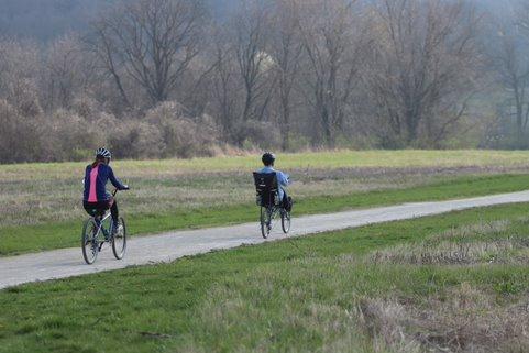 Image of two cyclists on the trail. Trees in the background.