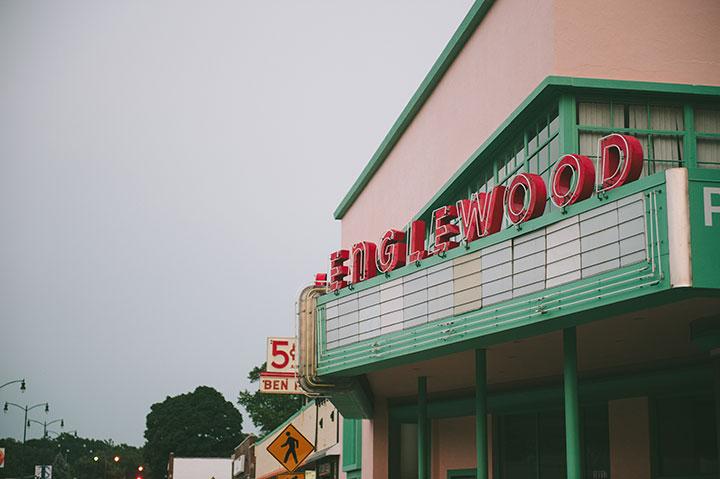 an exterior shot of the Englewood movie theater in the Englewood Arts District in Independence, MO