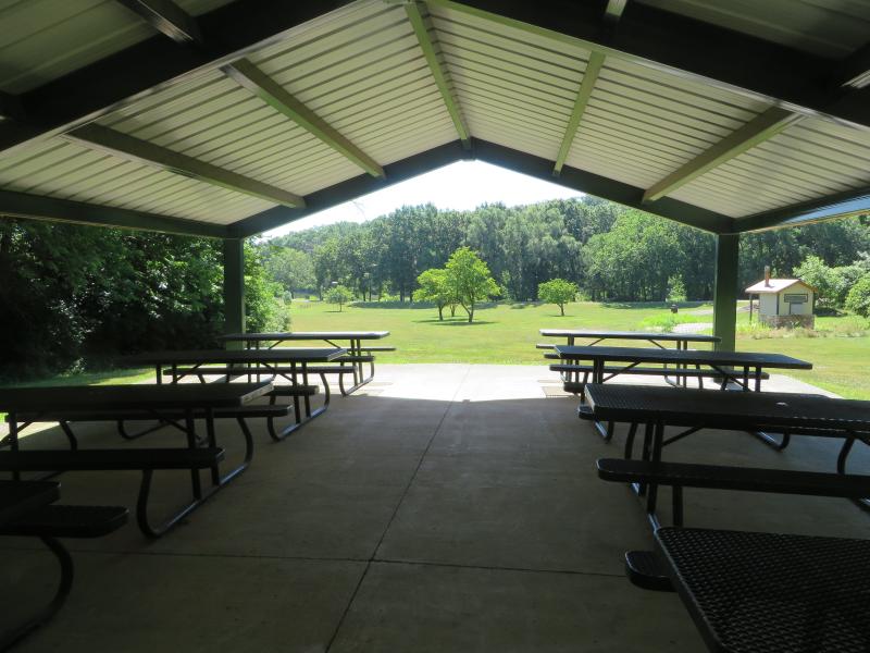 View from inside George Owens Nature Park pavilion, facing the lakes.