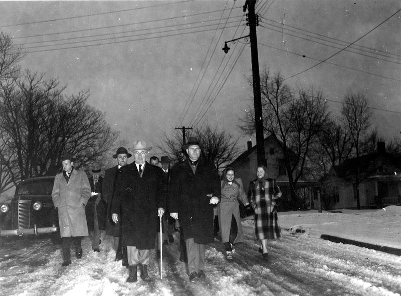 Truman walking in Independence with crowd. Photo by Vernon Galloway. Courtesy of the Harry S. Truman Presidential Library and Museum.
