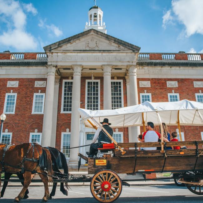 Covered wagon pulled by mules in front of Historic Courthouse