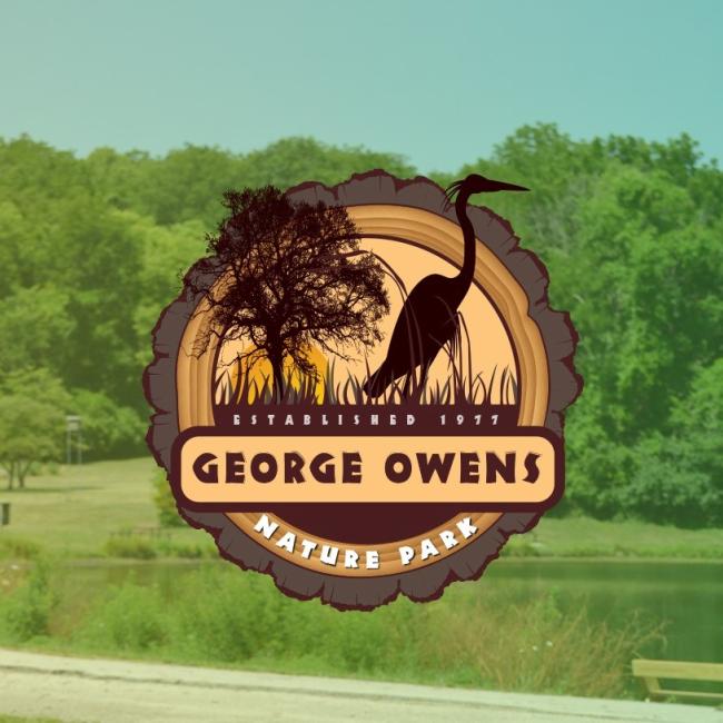 The George Owens Nature Park logo with the park's lake and trees in the background.