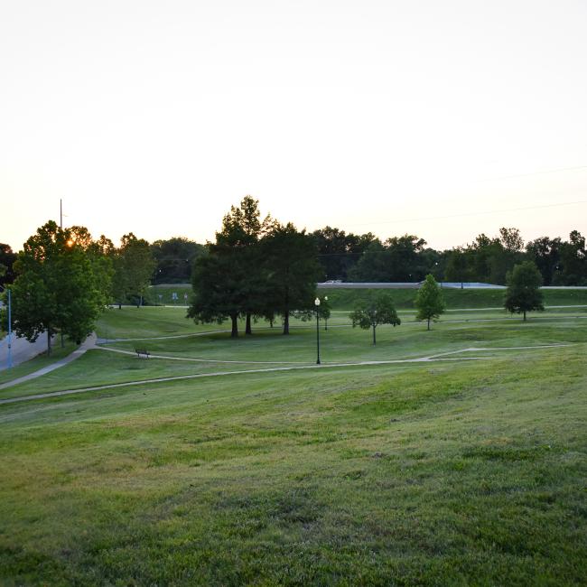 Photo looks north across green space of McCoy Park in central Independence.