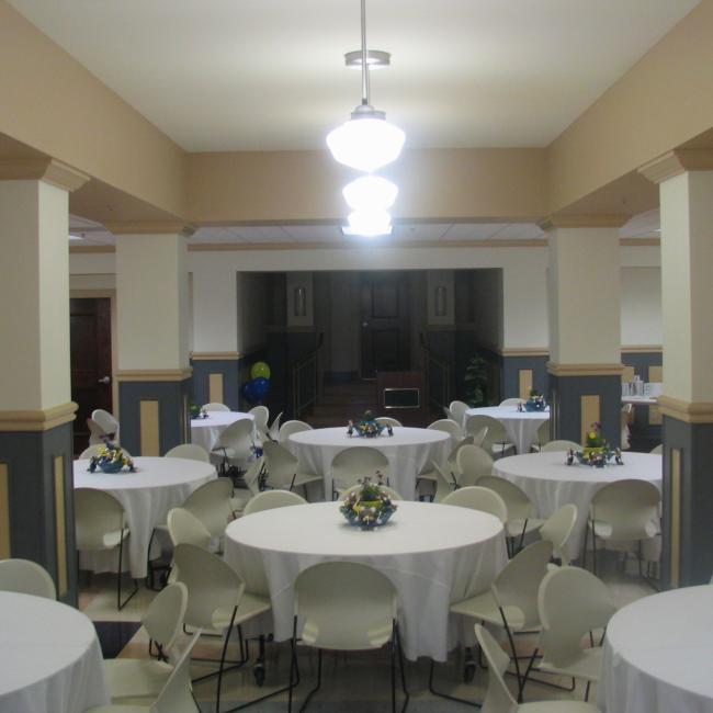 Truman Memorial Building Veteran's Hall with tables set up for an event