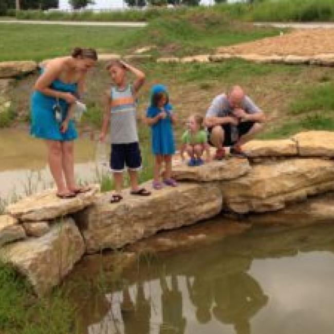 A family leans over the bank of a pond at George Owens nature park while catching tadpoles