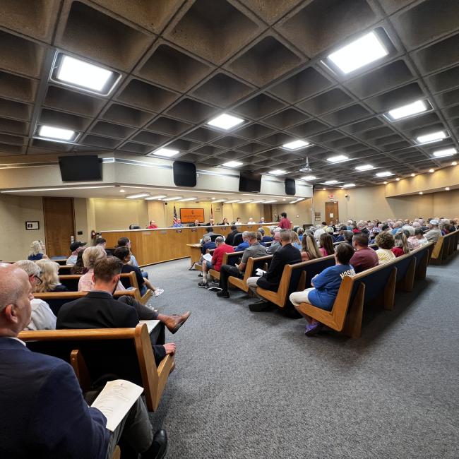 Members of the public look on the Council during a Council meeting. 