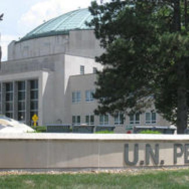 An exterior view of the UN Peace Plaza and Fountain in Independence