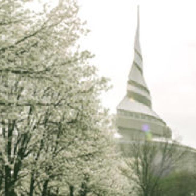An exterior view of the Community of Christ Temple with budding trees in the foreground