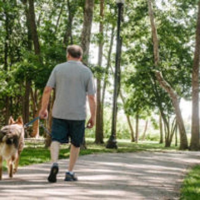 A man walking his dog along Little Blue Trace Trail