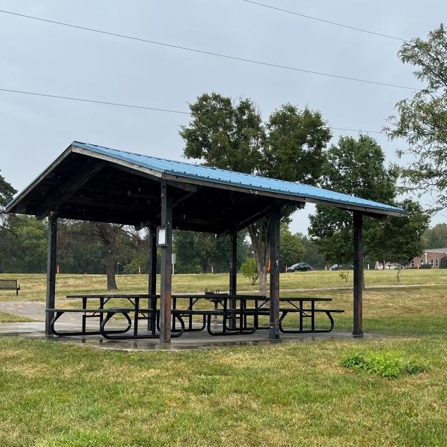 An image of a small shelter with three picnic tables and a tree nearby at McCoy Park.